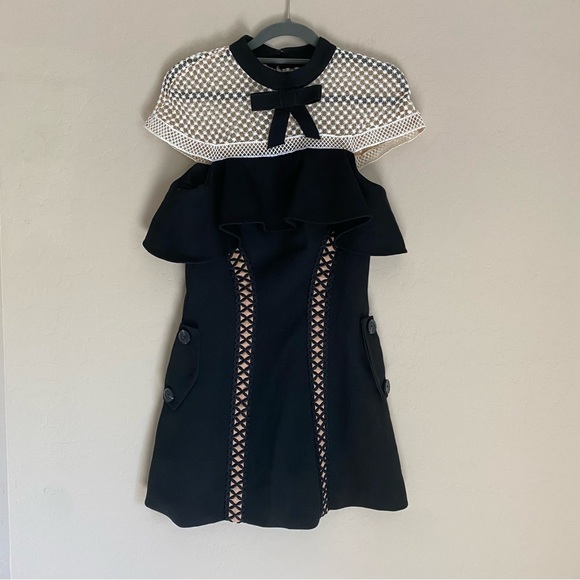 Self Portrait Black Crepe Lace Bow Cap Sleeve A Line Mini Dress - Picture 4 of 14
